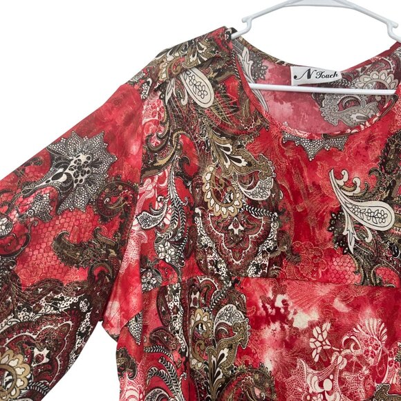 N Touch Women Vintage Red Paisley Print Long Sleeve Tunic Top 2X Asimetric Hem - Picture 11 of 13